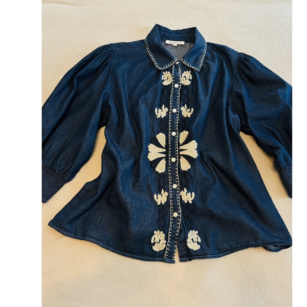 Solitaire Denim Embroidered Button Down Shirt Blue Floral Puff Sleeve XL